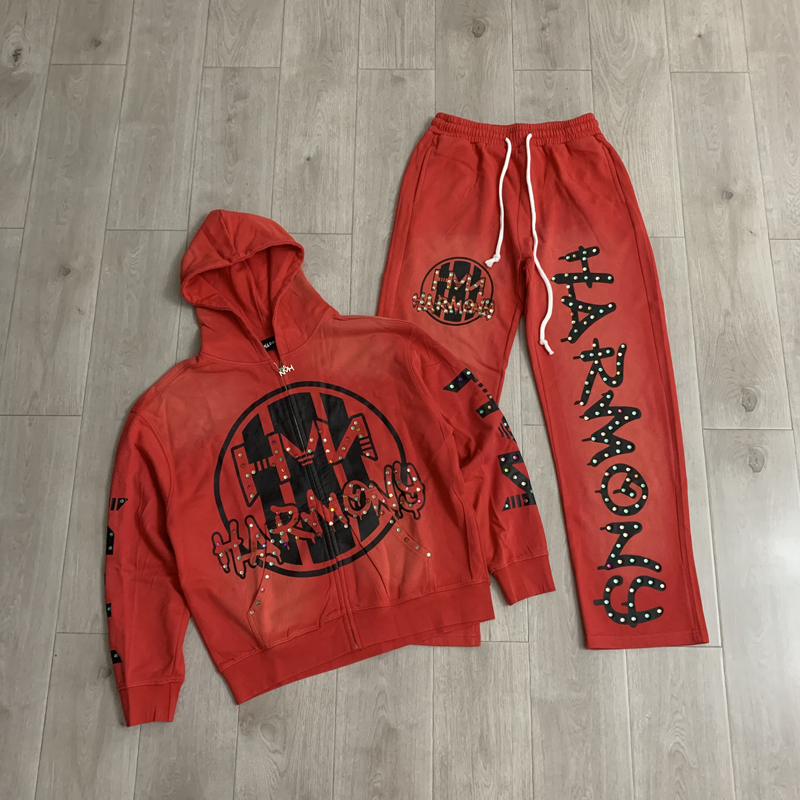Street Fashion Us - ファッションストリートファッションブランドHARMONYのフーディーとパンツのセット、ホットスタンピング加工、高品質ジッパーカーディガン、カジュアルなハーモニーセット
