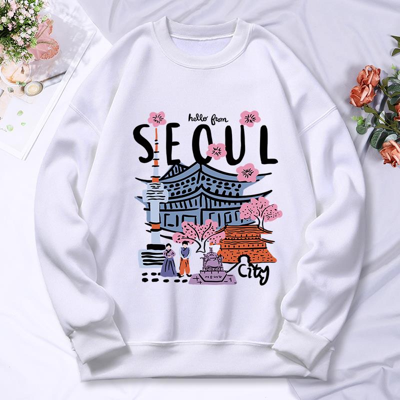 Street Fashion Seoul - ソウル美しい風景印刷レディースフード付き秋カジュアル暖かいパーカーファッションソフトパーカーストリート多用途女性プルオーバー