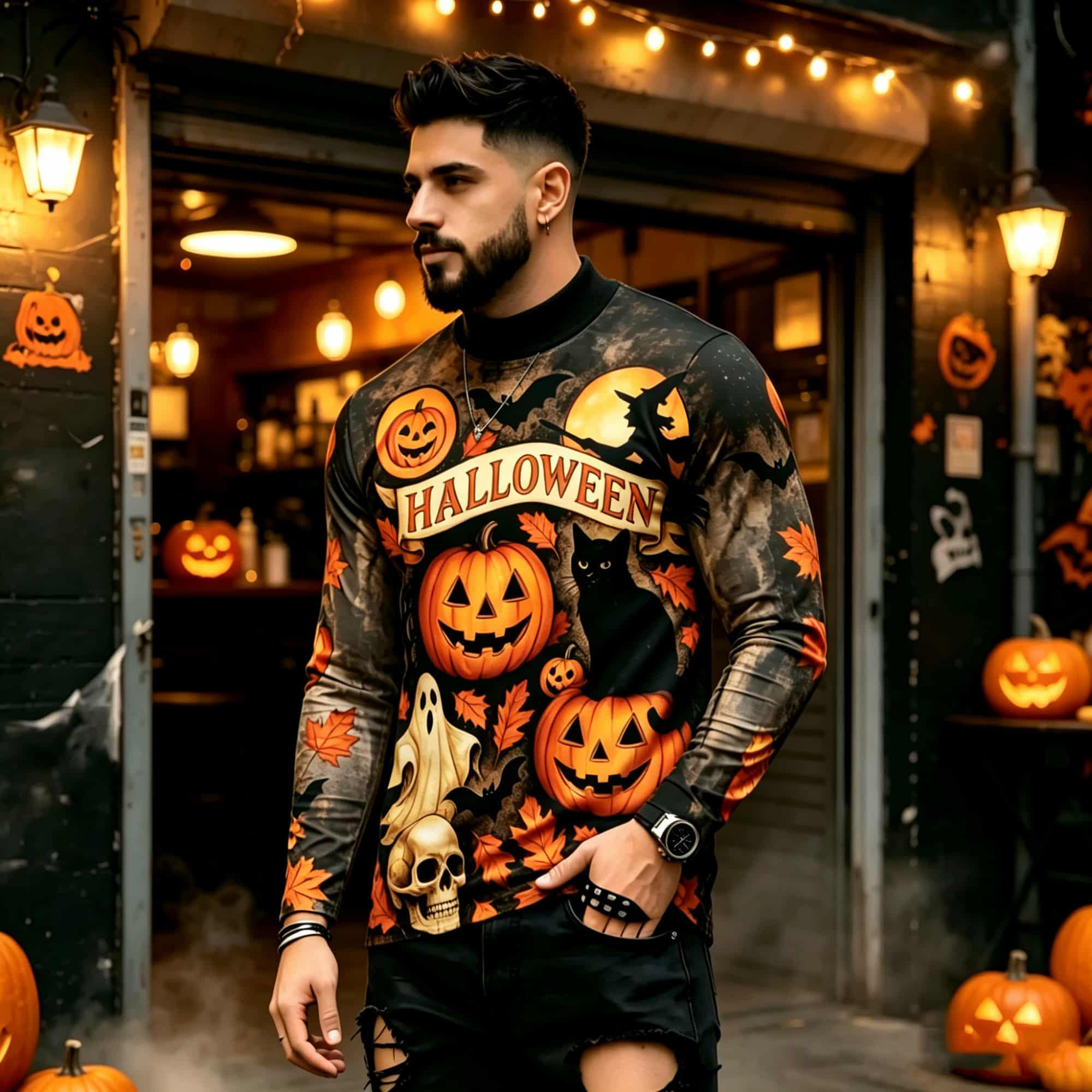 Street Fashion Us - カジュアルファッションストリートスタイル ハロウィンプリント 長袖Tシャツ パンプキンゴースト黒猫柄 トレンディで多用途なメンズトップス