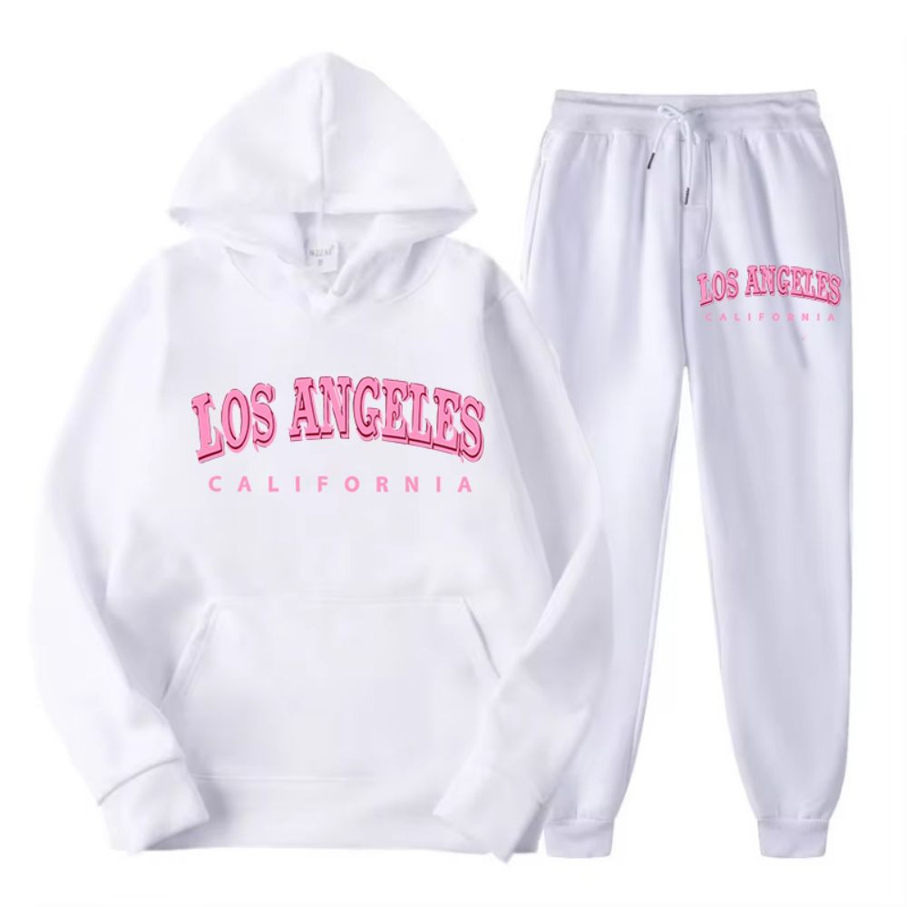 Street Fashion Los Angeles - 女性用パーカーとパンツのセット,ゆったりとしたセーター,フリースポケット,カリフォルニアの印刷された服,ストリートファッション,スポーツウェア