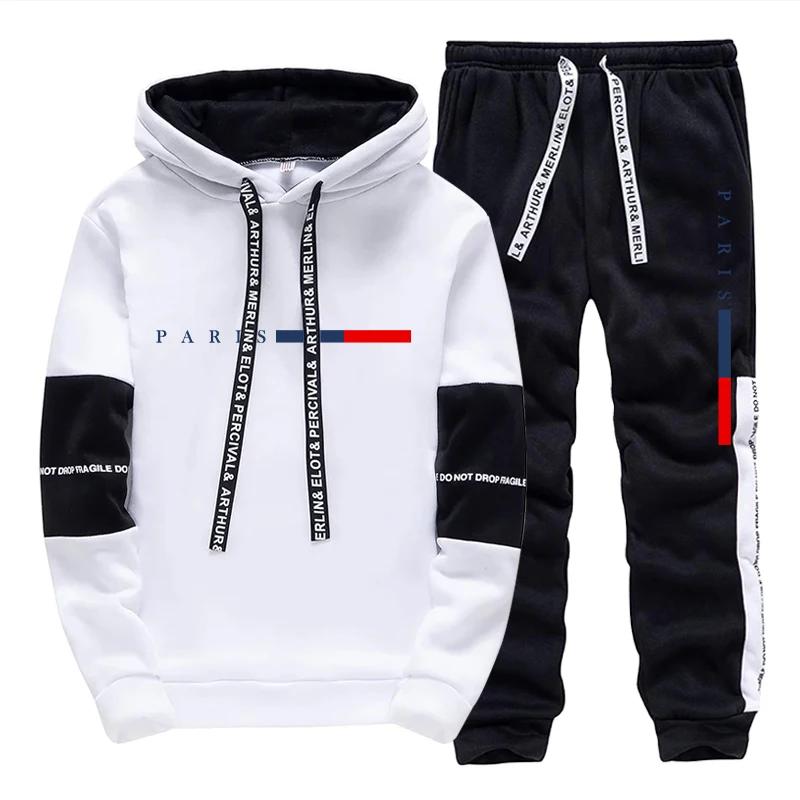 Street Fashion Us - メンズセット/パーカー/パンツ パリファッション 秋冬 カジュアル スポーツ フード付きプルオーバー＆スウェットパンツ