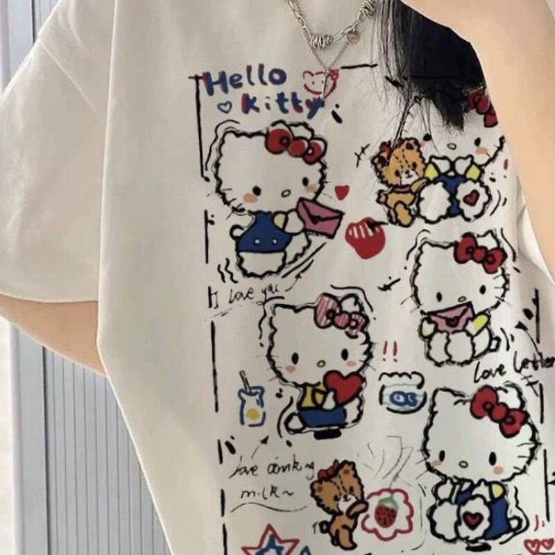 Street Fashion Us - 半袖サマーハローキティグラフィティプリントTシャツ レディース コットン Y2K キュートな漫画柄 人気ストリートファッション