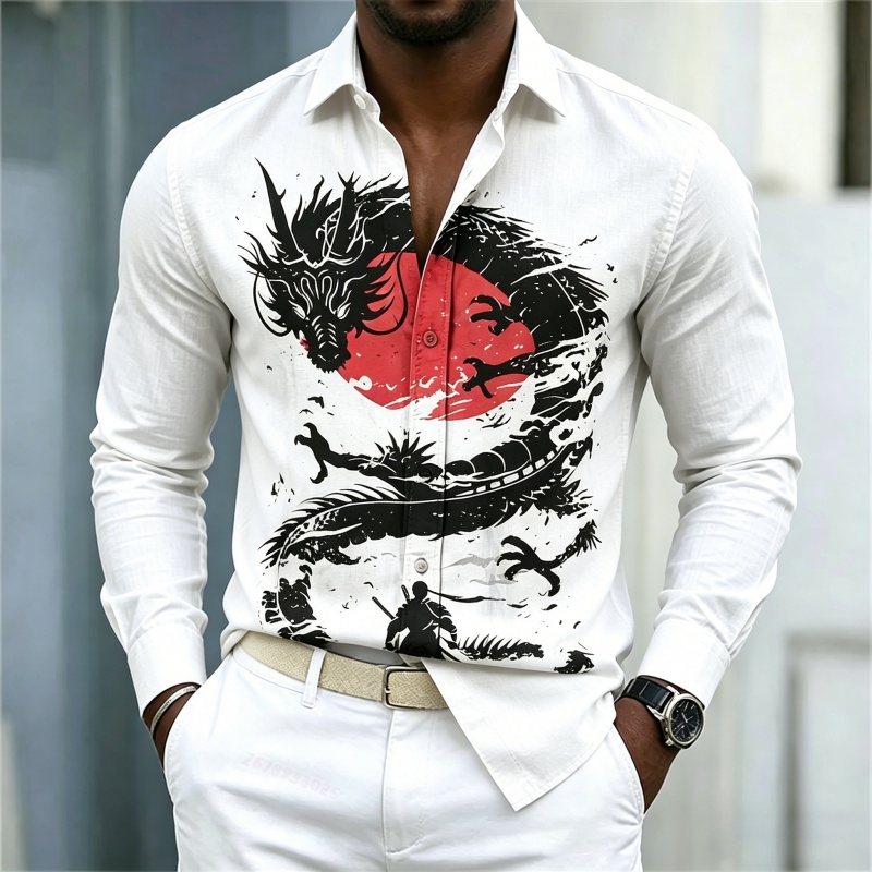 2026年新作 メンズシャツ 白黒赤のコントラスト ドラゴン - Street Fashion Us のレビューと価格