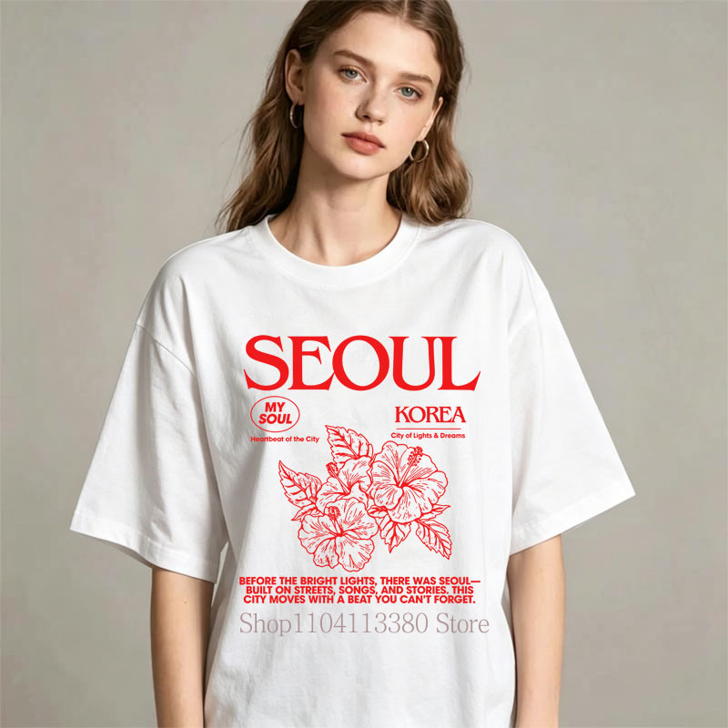 韓国スタイルソウルハイビスカスプリント Tシャツ女性のための - Street Fashion Seoul のレビューと価格